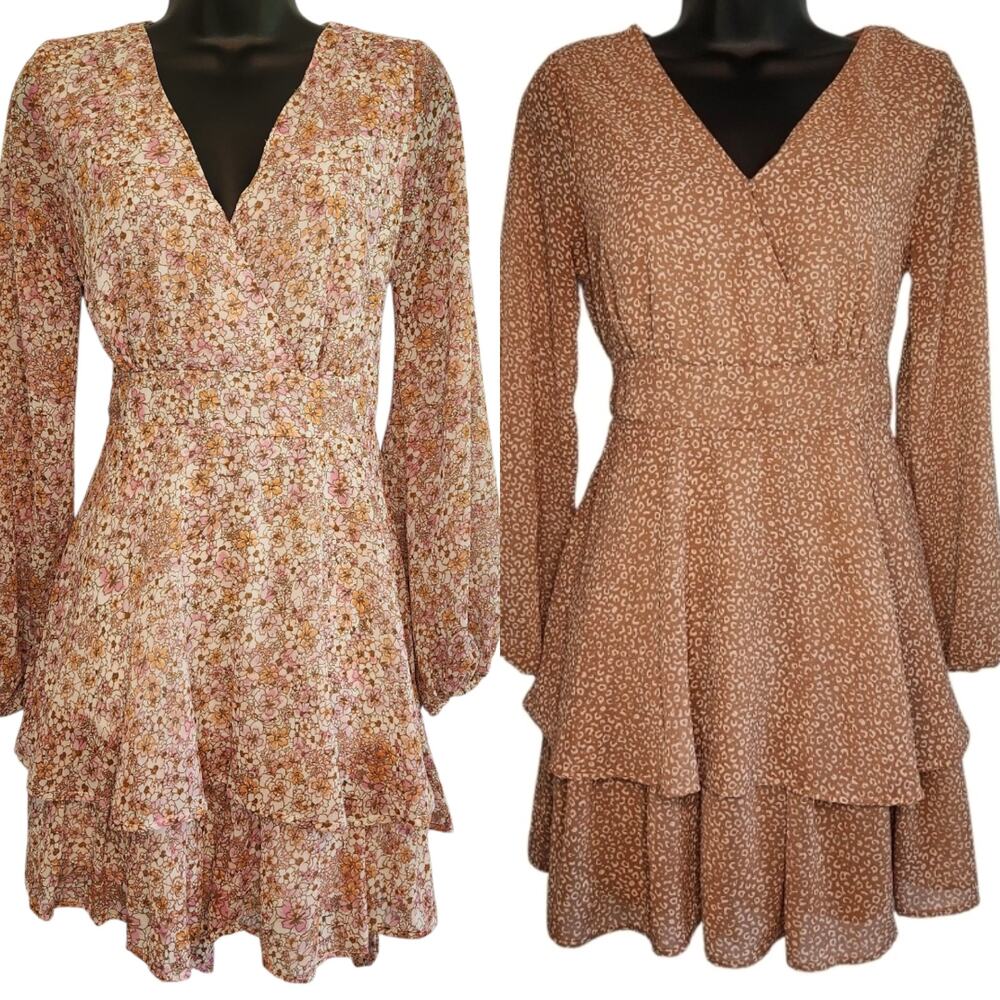 2 Japna dresses tiered  floral and leopard print tie-back V neck size M